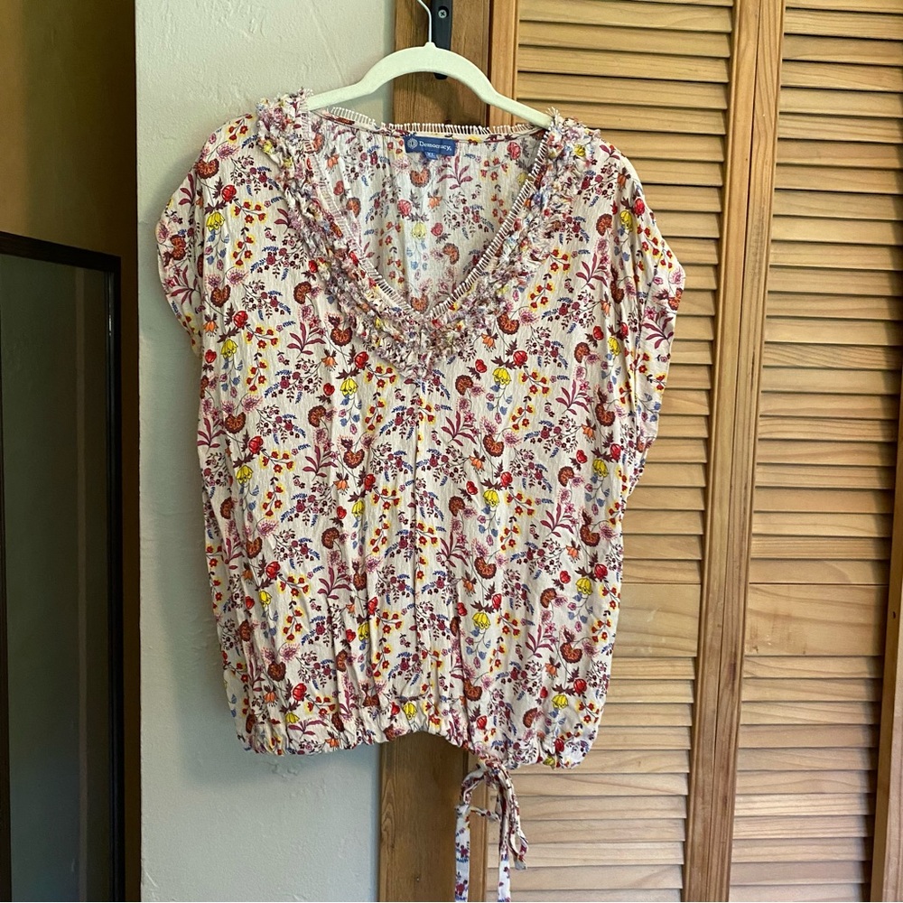 Democracy Women’s Blouse Boho Ruffle Floral Cap Sleeve Drawstring Waist Size XL